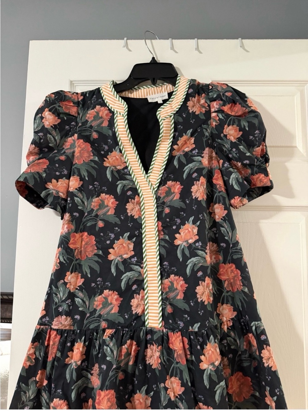 Entro Ladies Black Floral Tiered
Dress with Peach Trim - Picture 2 of 2
